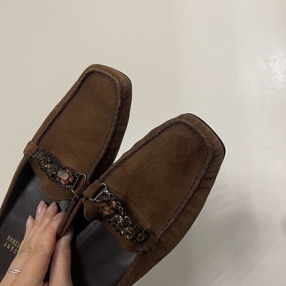 STUART WEITZMAN brown suede leather slip on loafers with rhinestones size US 8 - Picture 6 of 8